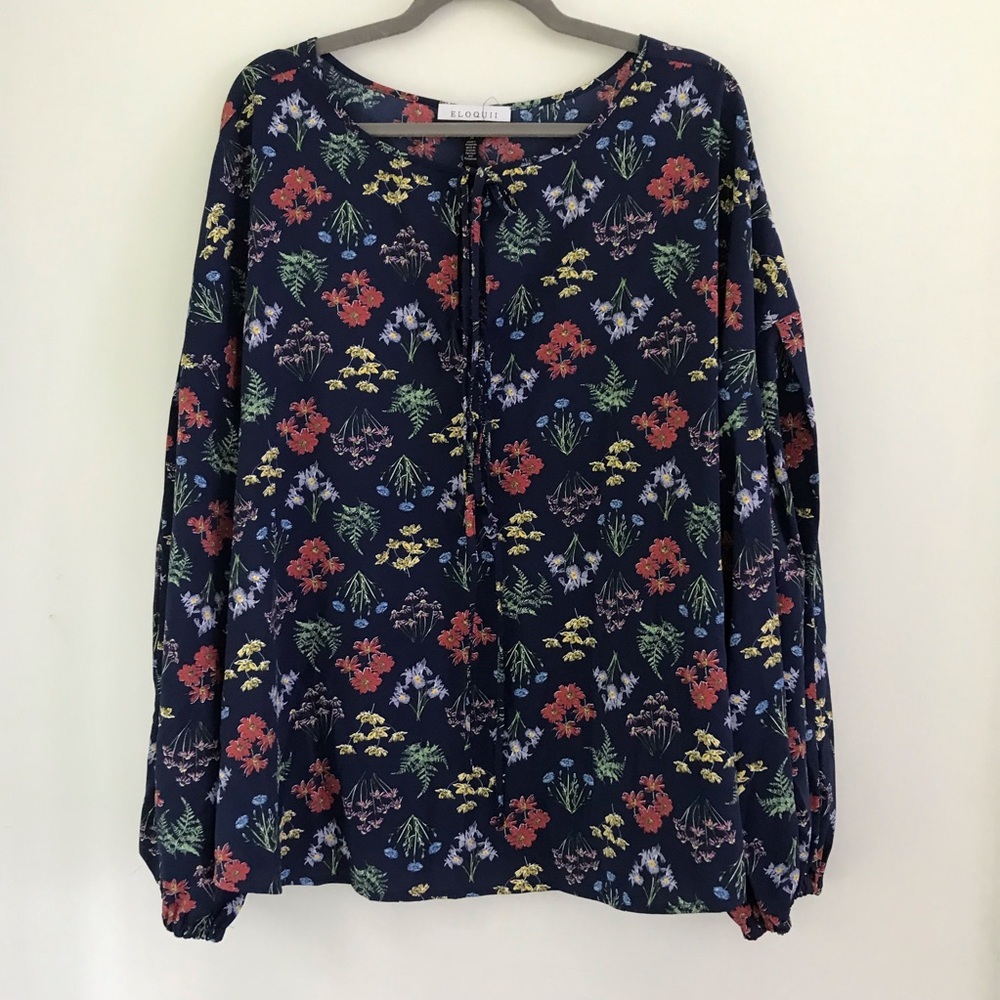Eloquii Navy Floral Long Balloon Sleeve Blouse Plus 26